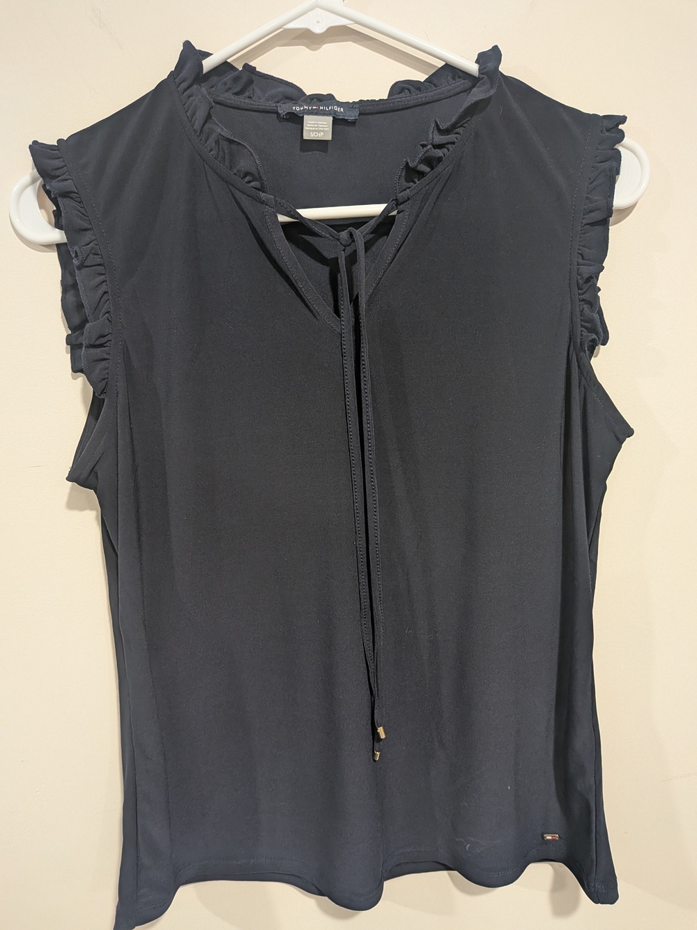 Tommy Hilfiger Navy Sleeveless Ruffle Tie-Neck Top